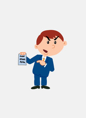 White businessman. Vector illustration isolated in a funny cartoon style. The character is angry, showing a document.