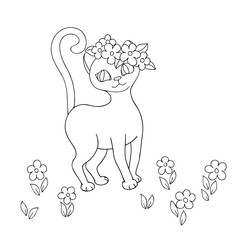 vector white black contour sketch of cat in wreath