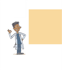 white male doctor showing something. The character is making the gesture of approval with the hand, in positive attitude.Vector illustration to isolated and funny cartoon character.