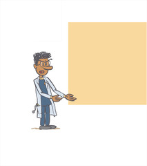 white male doctor showing something. The character is angry, sad, and grumpy. Vector illustration to isolated and funny cartoon character.