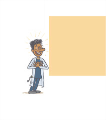 white male doctor showing something. The character is positive, optimistic and enthusiastic. Vector illustration to isolated and funny cartoon character.