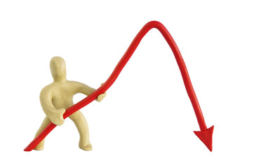 A man from plasticine holds a negative graph
