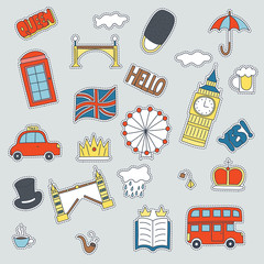 Hand drawn patch badges with United Kongdom symbols - bus crown cloud hat flag umbrella cup of tea, red telephone box Tower bridge Big Ben. Stickers, pins and patches in cartoon 80s-90s comic style