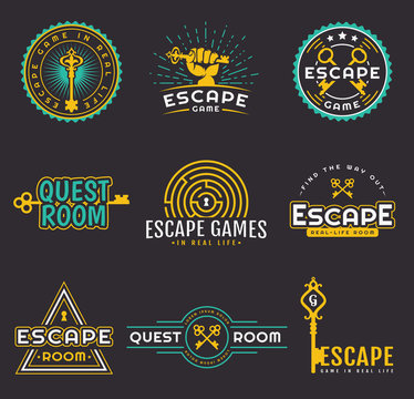 Quest room and escape game logo set.