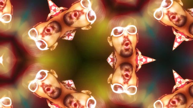Kaleidoscope view of a crazy funny face of a DJ on the dance floor. Bizarre silly weirdo.
