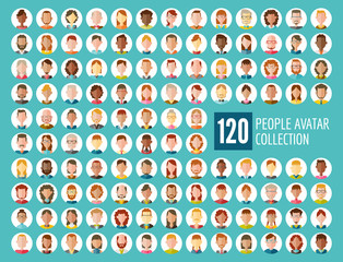 Collection of 120 different people avatars in flat design.  Diverse type of people with different nationalities, ages, clothing and hair styles. Round vector icons isolated on white background. - obrazy, fototapety, plakaty