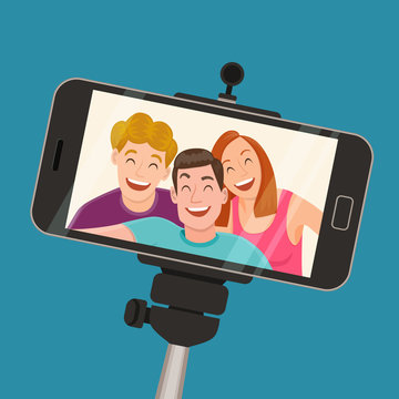 A selfie capture with a smartphone of three friends standing and laughing. Friendship and youth concept. Vector illustration.