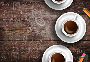 Infograph background template with a fresh coffee on real wooden table