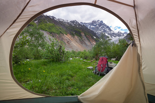 Beautiful mountain landscape seen from the entrance of the tent