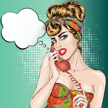 Sexy Pin-up woman answers a phone call. Vector pop art comic retro style illustration