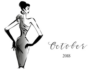 Black and white fashion calendar with woman model silhouette logo. Hand drawn vector illustration