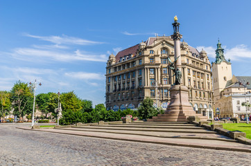Fototapeta premium Cityscape background of old part of Lviv city in Ukraine