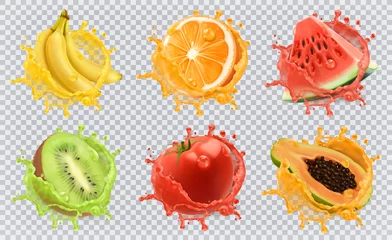Fotobehang Sinaasappel, kiwi, banaan, tomaat, watermeloen, papaya sap. Vers fruit en spatten, 3D-vector icon set © Natis