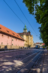 Cityscape background of old part of Lviv city in Ukraine