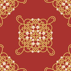 Elegant golden knot sign. Red and golden yellow seamless pattern, beautyful calligraphic flourish with pearls. Vector