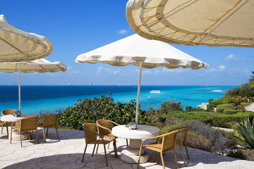 Terrace patio with a sea view. Beautiful and relaxing scenery on a sunny day.
