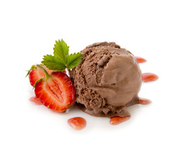 Chocolate ice cream with Strawberry on white background.