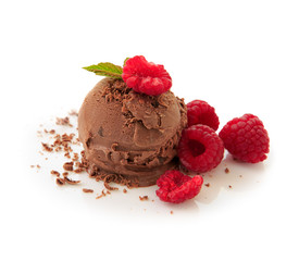 Chocolate ice cream with Raspberries on white background.