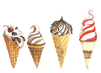  watercolor ice cream on stick isolated on white backdrop. Hand painted sweet summer dessert background perfect for textile and scrapbooking