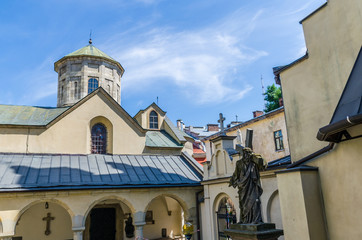 Fototapeta premium Cityscape background of old part of Lviv city in Ukraine