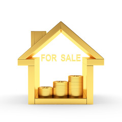 Golden house icon with coins and word FOR SALE isolated on white background. 3D illustration