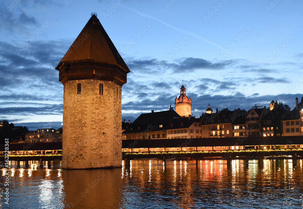 Canvas Prints lucerne cityscape at night switzerland. chapel bridge (kapellbrucke) and water tower on lake lucerne