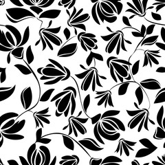 Black and white vector seamless pattern with flower and leaves