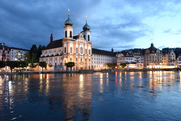 Fototapeta na wymiar Jesuit Church at night in Lucerne, Switzerland