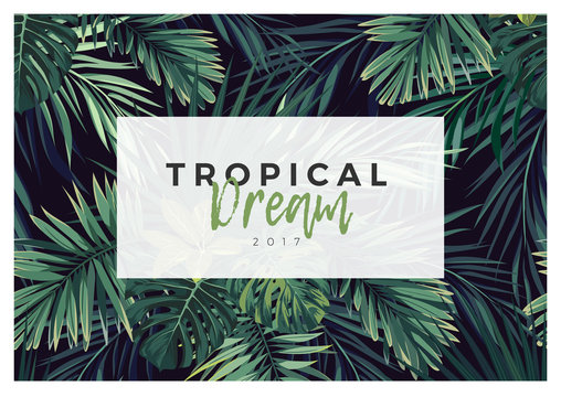 Dark vector tropical typography design with green jungle palm leaves.