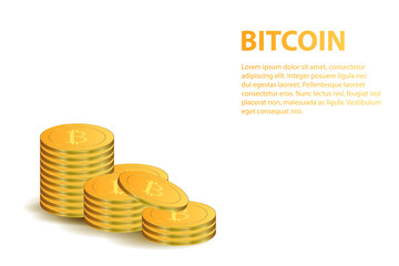 Vector isolated realistic golden bitcoin coins for banner decoration on the white background. Concept of digital currency, mining and money.
