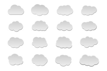 Vector set of isolated realistic paper clouds for icon decoration and covering on the white background.