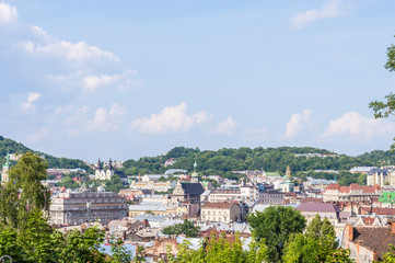 Cityscape background of old part of Lviv city in Ukraine