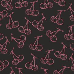 Seamless fruit hand drawn pattern with apple, cherry, lemon, banana, strawberry, plum, pear, peach, orange. Vintage boho background texture. Good for menu and food package