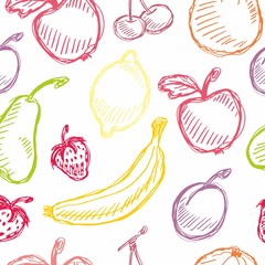 Fototapety  Seamless fruit hand drawn pattern with apple, cherry, lemon, banana, strawberry, plum, pear, peach, orange. Vintage boho background texture. Good for menu and food package