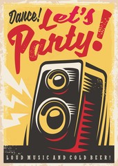 Party invitation retro poster design template with loud speaker and creative lettering