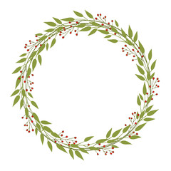Vector wreath of green branches with leaves and berries. Simple minimalist round frame. Decor for invitations, greeting cards, posters