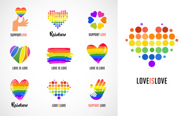 Gay, LGBT collection of symbols, icons and logos with rainbow, heart hands