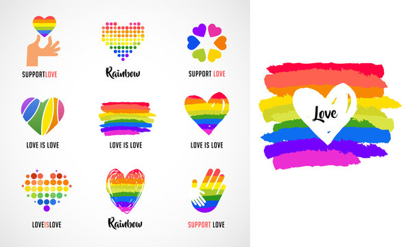 Gay, LGBT collection of symbols, icons and logos with rainbow, heart hands