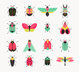 Bugs, insects, Butterfly, ladybug, beetle, swallowtail, dragonfly collection. Modern set of icons, symbols and illustrations