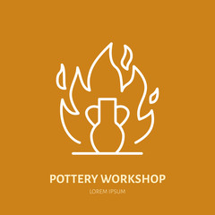 Pottery workshop, ceramics classes line icon. Clay studio tools sign. Hand building, sculpturing equipment shop sign. Illustration of burning vase.