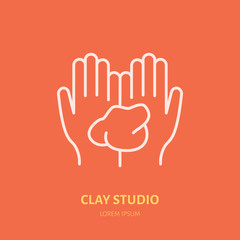 Illustration of hands holding clay. Pottery workshop, ceramics classes line icon. Clay studio sign. Hand building, sculpturing equipment shop sign.