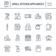 Kitchen small appliances line icons. Household cooking tools signs. Food preparation equipment - blender, coffee machine, microwave, toaster, meat grinder. Thin linear signs for electronics store.