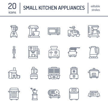 Kitchen small appliances line icons. Household cooking tools signs. Food preparation equipment - blender, coffee machine, microwave, toaster, meat grinder. Thin linear signs for electronics store.