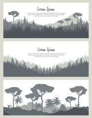 Seamless nature backgrounds set. Horizontal banners with mountains and trees. Travel concept. Vector illustrations.