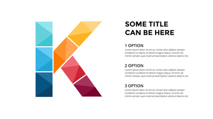 Vector alphabet infographic, presentation slide template. Business concept with letter K and place for your text. 16x9 aspect ratio.