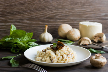 Risotto with mushrooms on a dark wooden background