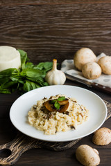 Risotto with mushrooms on a dark wooden background