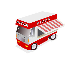 illustration of red Pizza truck on white background