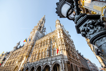 Morning view on the city hall at the Grand place central square in the old town of Brussels during...