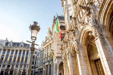 Morning view on the buildings at the Grand place central square in the old town of Brussels during...